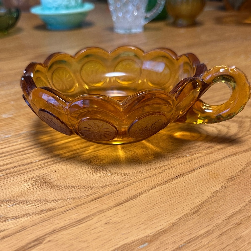 Vintage Fostoria Amber Coin Glass Handled Nappy Dish.